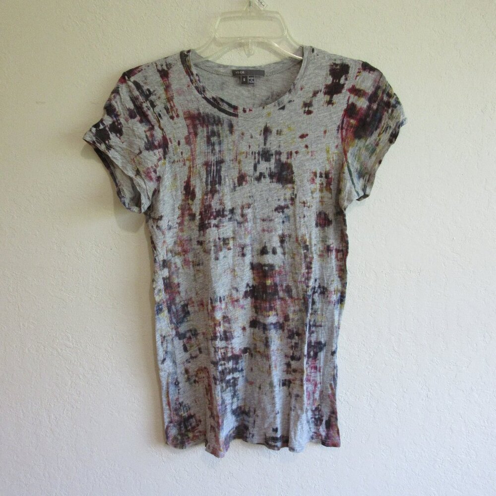 VINCE Gray Watercolor Pattern S Pullover Short Sleeve Cotton Tshirt